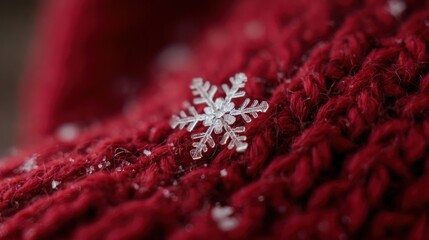 A close-up of a snowflake resting on a red mitten