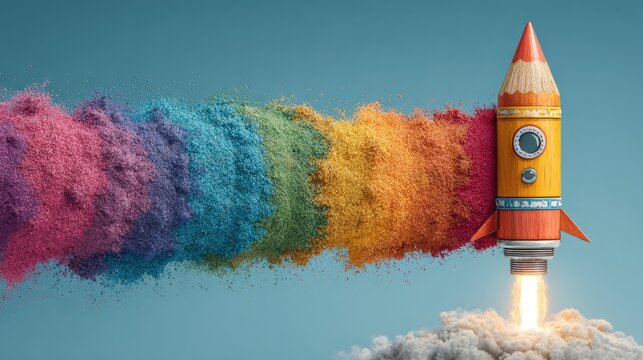 Colorful rocket launching with vibrant powder clouds in artistic and creative composition against blue background