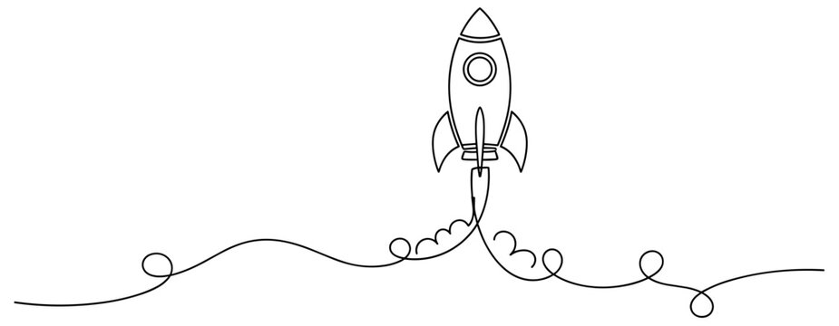 Minimalist one-line drawing of rocket launch with curved trail. No editable stroke