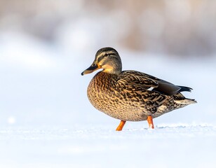 Fototapeta premium A solitary waterfowl with mottled plumage stands in the snow, captured in soft, natural light, creating a serene winter scene