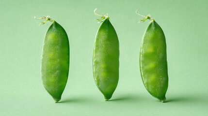 Three fresh green peas lined up against a soft green background