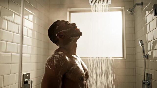 African American male in shower lathers soap on his hands, tilts head back as water cascades down, smiling with soap suds on his body in a bright bathroom setting
