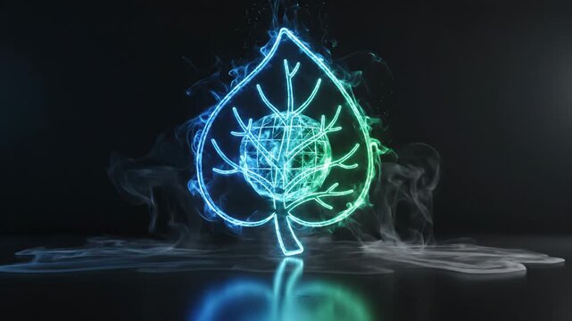 Digital representation of a glowing globe transitioning into a leaf shape, surrounded by smoke, showcasing the connection between technology and nature in a dark environment