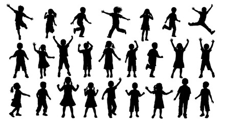Diverse Group of Children Silhouettes in Dynamic Poses, Celebrating Joy and Activity