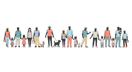 Diverse Group of People and Families Walking Together with Pets and Bags