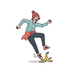 Obraz premium Woman Slipping on Banana Peel Cartoon.