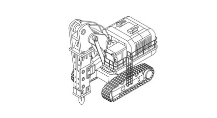 Detailed technical drawing of a heavy machinery excavator with tracks and mechanical arm. © Wahyu