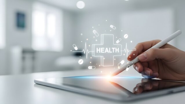 A hand holding a stylus interacting with a tablet displaying a futuristic interface with a building and 'ealth' text in a modern room