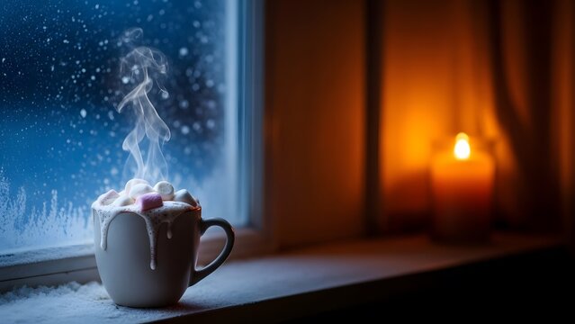 Cozy nighttime scene with steaming mug on a snowy window sill