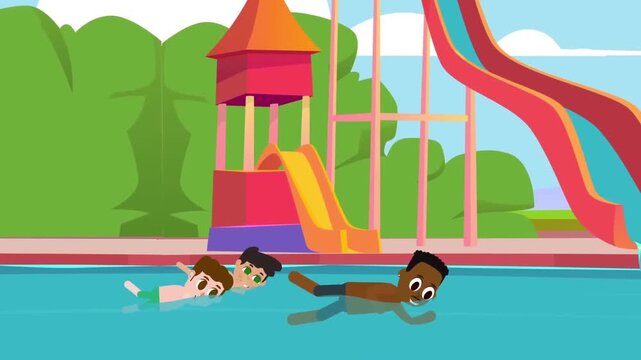 Children swimming in park pool animation, summer outdoor recreation and family leisure activity concept