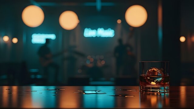 A dimly lit bar with warm lighting and a reflective surface