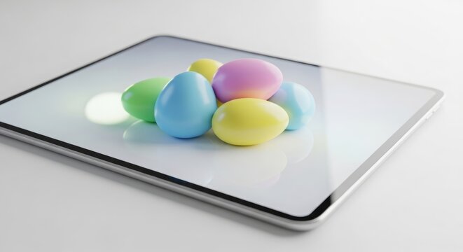Colorful easter eggs on a tablet screen close up