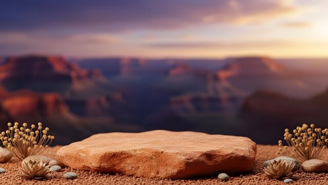 Serene desert landscape at sunset with a large rock formation and sparse vegetation