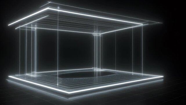 Abstract glowing white neon light frame structure suspended in a dark void, creating a futuristic architectural display.