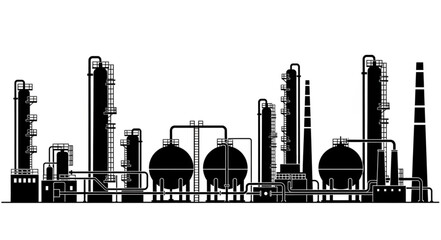 Industrial factory complex with silos and processing units. © Wahyu