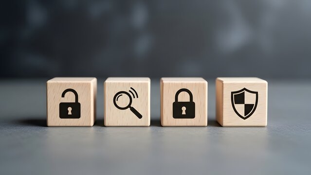 Security and protection concepts on wooden blocks