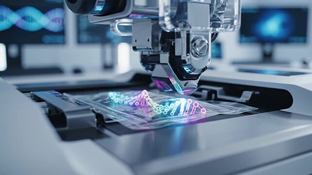 Robotic arm analyzing transparent slide with colorful data visualization in a modern laboratory setting, computer screens displaying digital information in the background