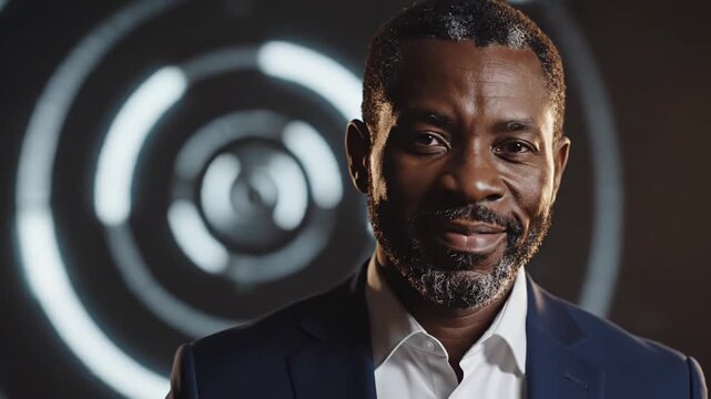 African American man with beard smiles confidently, wearing a dark suit, as circular light patterns create a dynamic backdrop in a professional setting