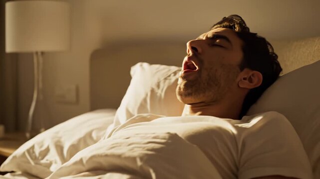 Male figure in bed reaches for alarm clock to turn it off, transitioning from sleep to wakefulness in a softly lit bedroom with warm tones and cozy bedding