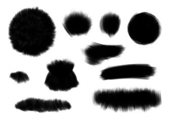 Ilustraci&oacute;n fondo transparente PNG. Conjunto de siluetas de tinta con trazo peludo, c&eacute;sped, pelo. Manchas y c&iacute;rculos para dise&ntilde;o, web, banner y redes sociales. Colecci&oacute;n blanco y negro.