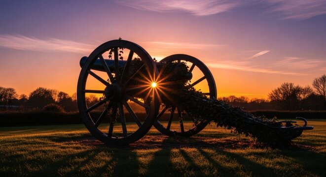 Silhouette of an antique cannon against a vibrant sunset sky with sunburst effect, historical landmark concept