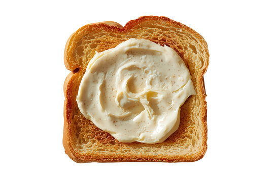 Golden toasted bread slice covered with creamy butter spread, delicious for breakfast or snack on transparent background