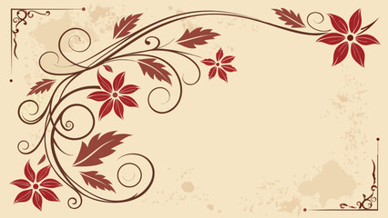 Elegant Vintage Floral Corner Border with Swirling Vines and Red Flowers on Grunge Parchment Background