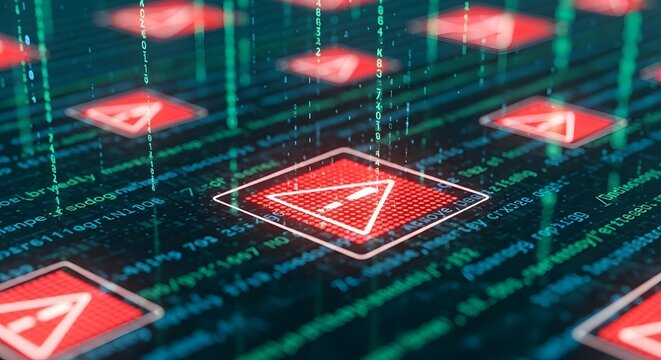 Cyber security warning and data breach alert. Digital virus protection and network vulnerability. Warning icons on a dark screen with green binary code and streaming information lines