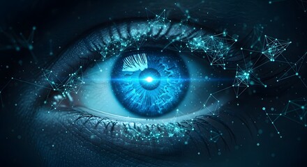 Bionic eye and digital iris recognition technology. Cybernetic vision and biometric security. Close up of a human eye with blue glowing neural networks and futuristic data connections