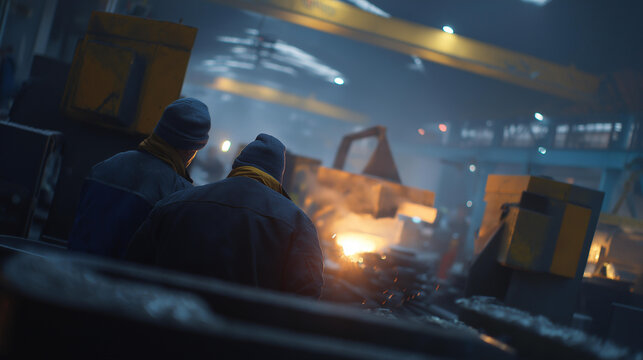 Workers in a metalwork manufacturing shop carefully monitor the casting process, ensuring each piece meets stringent quality requirements, while surrounding machinery facilitates efficient