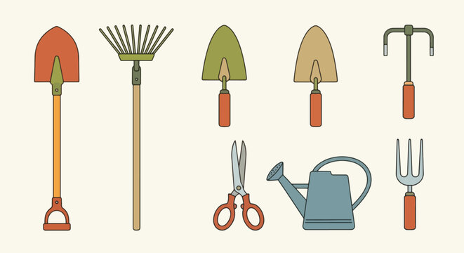 Gardening Tools Collection Shovel Rake Trowels Fork Scissors Watering Can.