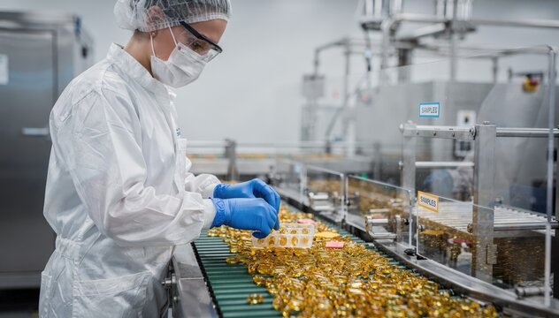 Quality inspector handling softgel capsules selecting and tagging samples on conveyor belt to verify formulation integrity and batch uniformity in pharmaceutical production.