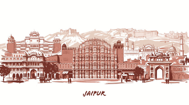 Detailed sketch illustration of the historic city of Jaipur, India, showcasing its iconic palaces and forts.