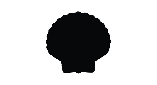 A striking black silhouette of a scallop shell against white background