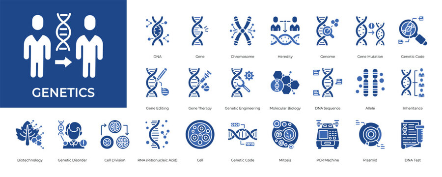Genetics Icon set Collection in Glyph Two Color Style. dna, mutation, biology, laboratory, research, science, cell