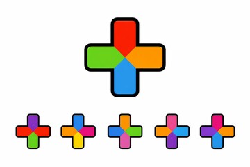 Fototapeta premium Colorful plus signs, multicolored cross symbols, geometric shapes, abstract icons