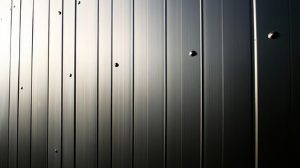 Fototapeta premium Close-up of stark galvanized metal fencing panels showcasing textured vertical lines and visible fasteners