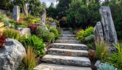 Obraz premium Stone Staircase Surrounded by Greenery and Rock Formations Representing Landscape Architecture Garden Design and Outdoor Serenity