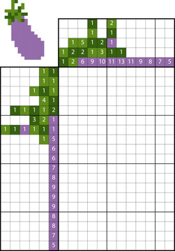 Eggplant pixel picture created with a paint by number nonogram puzzle. Educational grid based logic game for children and beginners. Printable worksheet activity