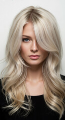 Naklejka premium Portrait of woman with long voluminous platinum blonde wavy hair. Female model with thick hair covering one eye. Glamour beauty concept