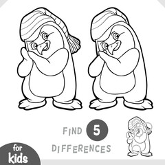 Obraz premium Cute penguin and winter hat. Spot the differences game for kindergarten and preschool children. Black and white coloring page for kids about Christmas animals
