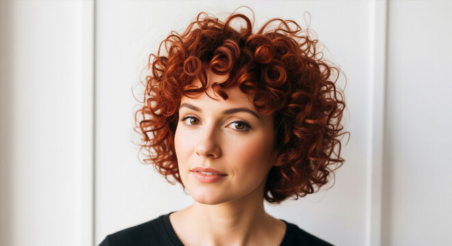 Smiling woman with short curly red hair and natural makeup. Happy female model with ginger curls. Hair volume and texture concept