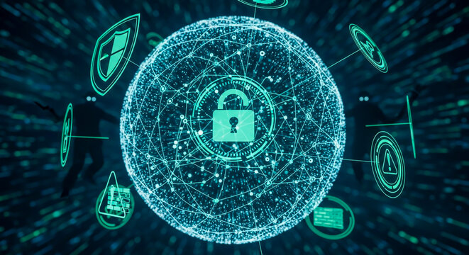 Digital cyber security lock with glowing network connections and data protection shield