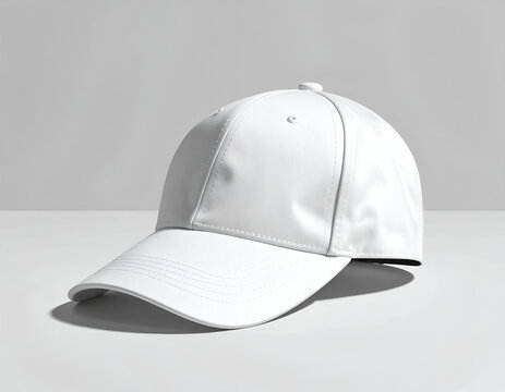 Simple white baseball cap on a plain surface, light casting shadows