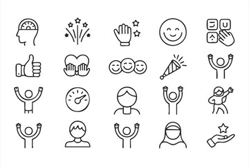 Success And Motivation Outline Icons Featuring Thumbs Up Stars Happiness And Achievement Symbols