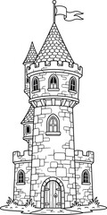 Fototapeta premium Fantasy Stone Tower Illustration, Medieval Castle Tower Architecture Line Art Vector for Fairytale Landscape, Storybook Illustration, Historic Building and Adventure Game Design