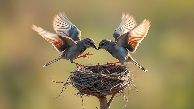 tussle. Two sparrows in flight over an empty nest during the morning. wildlife magazines, conservation campaigns, designed for eco-tourism storytelling, used by graphic designers.