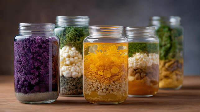 Probiotic beverage fermenting process showcases jars filled with natural ingredients, showcasing bubbling fermentation and vibrant colors, highlighting health benefits and DIY methods for gut