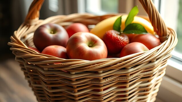 osier. A tightly woven osier basket filled with fresh fruits, natural texture of willow. gardening catalogs, home-decor guides, designed for gardening and botanical catalogs, celebrates nature.