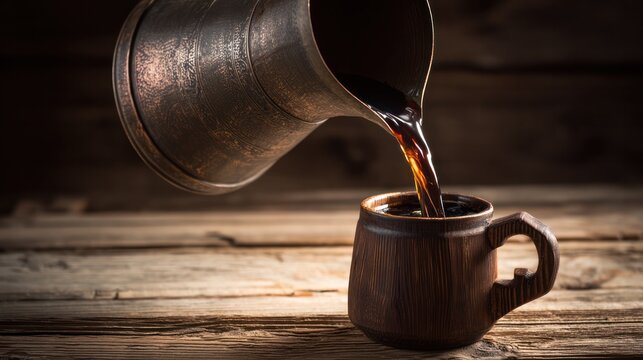 A metal flagon pouring dark ale into a wooden mug on a rustic tavern table. bar promotions, beverage menus, designed for product packaging and bar promotions, used by web designers.